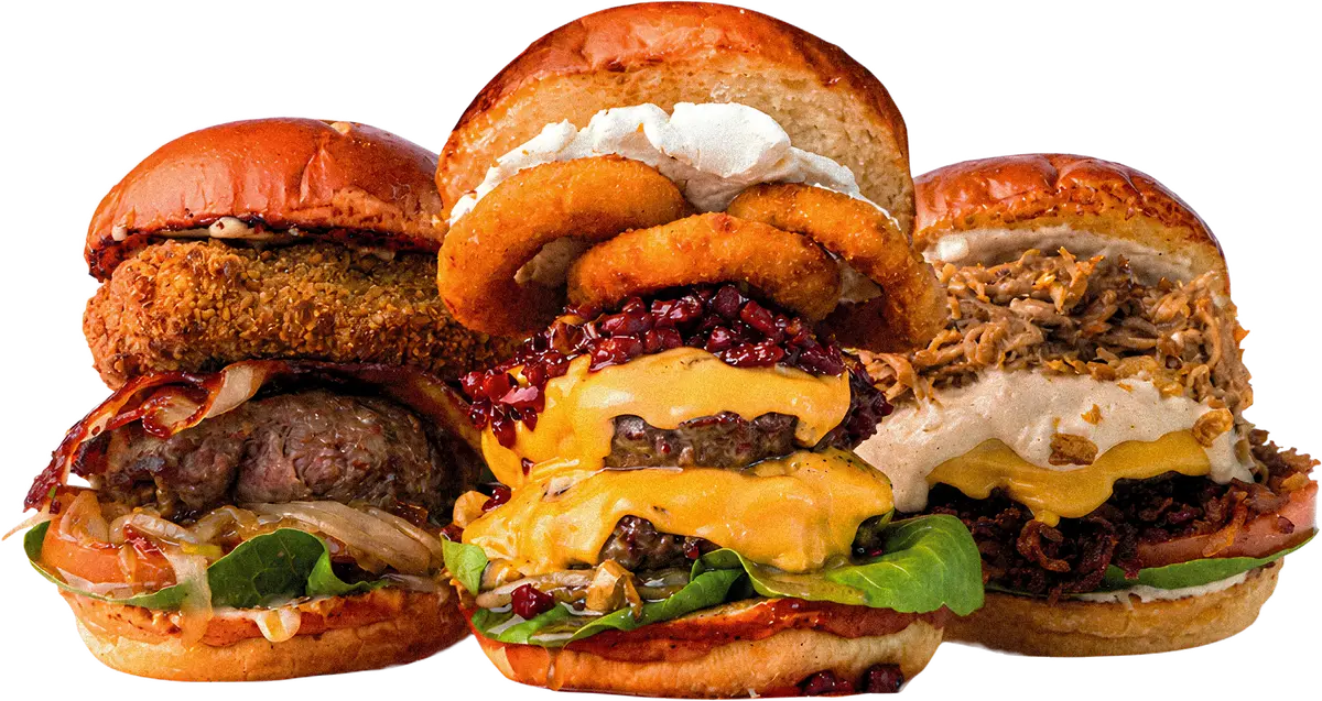 Las burgers de Dakota agrupadas: pan pretzel, cheddar fundido y aros de cebolla