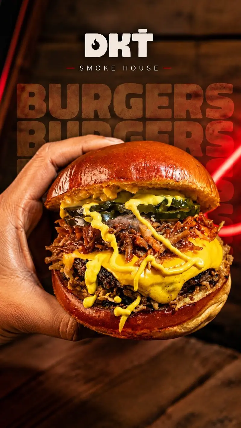 Burger de Dakota sostenida en mano frente al mural de la marca